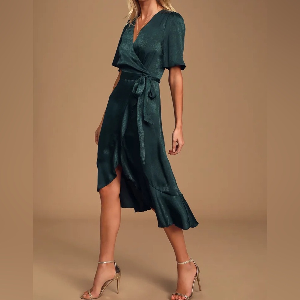 Lulu’s Wrapped Up In Love Dark Green Satin Faux-Wrap Midi Dress